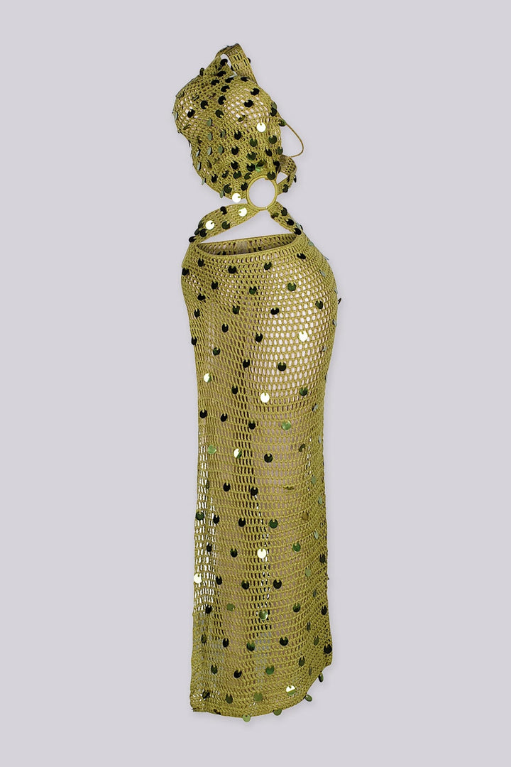 One shoulder crochet maxi dress with an O-ring detail at the shoulder and waist, side view