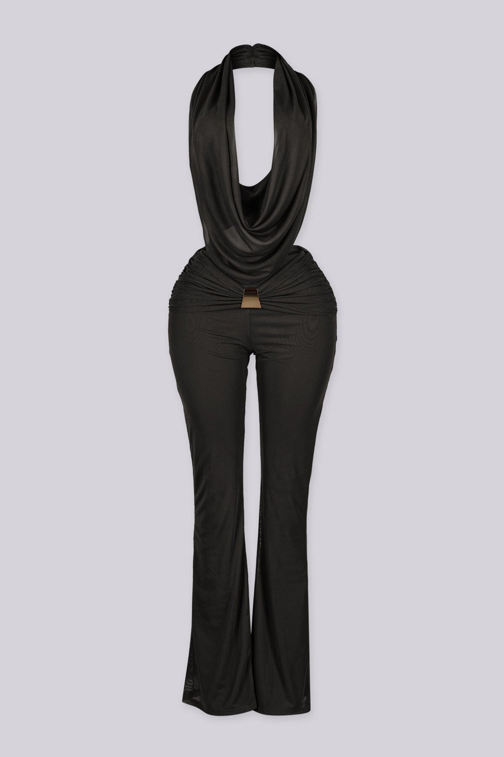 Sleeveless plunging cowl neckline halter top that drapes low with fluid movement
