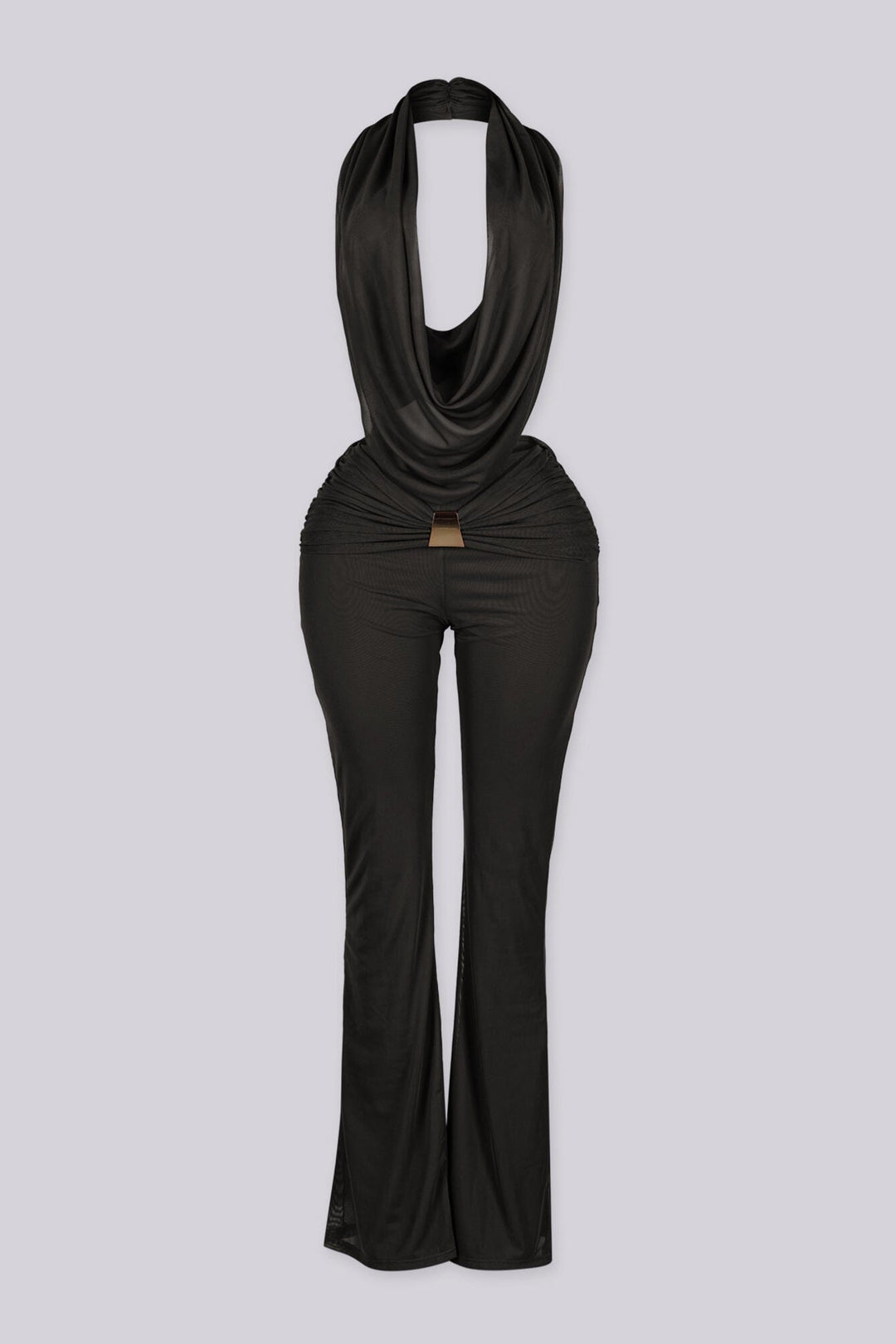 Sleeveless plunging cowl neckline halter top that drapes low with fluid movement