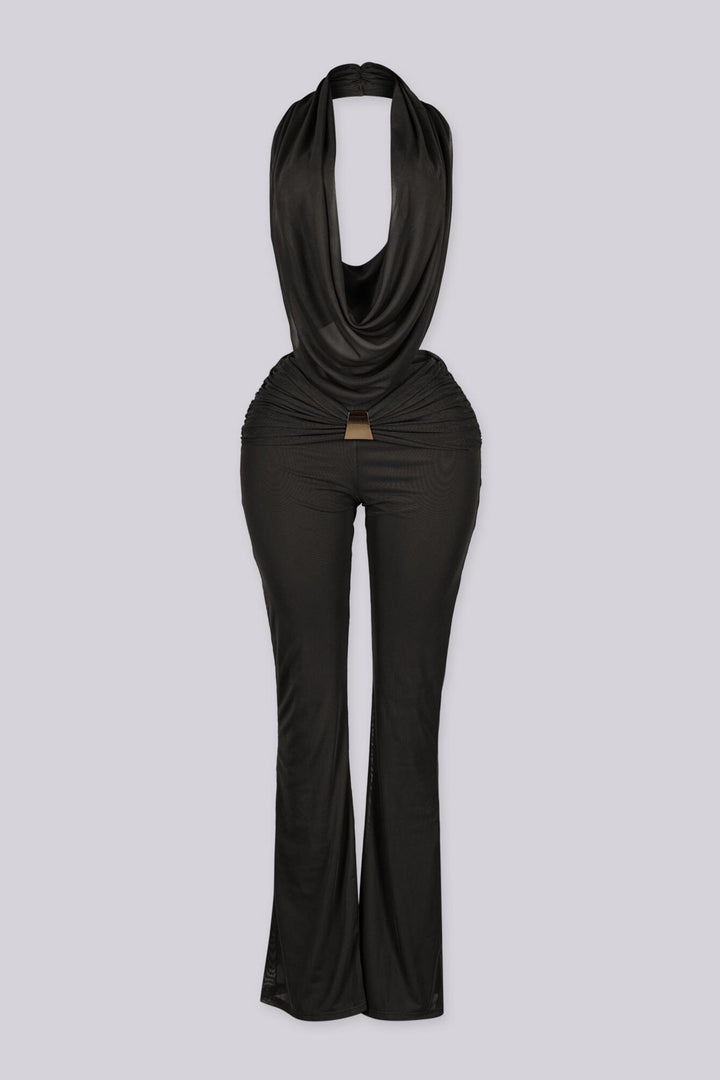 Sleeveless plunging cowl neckline halter top that drapes low with fluid movement