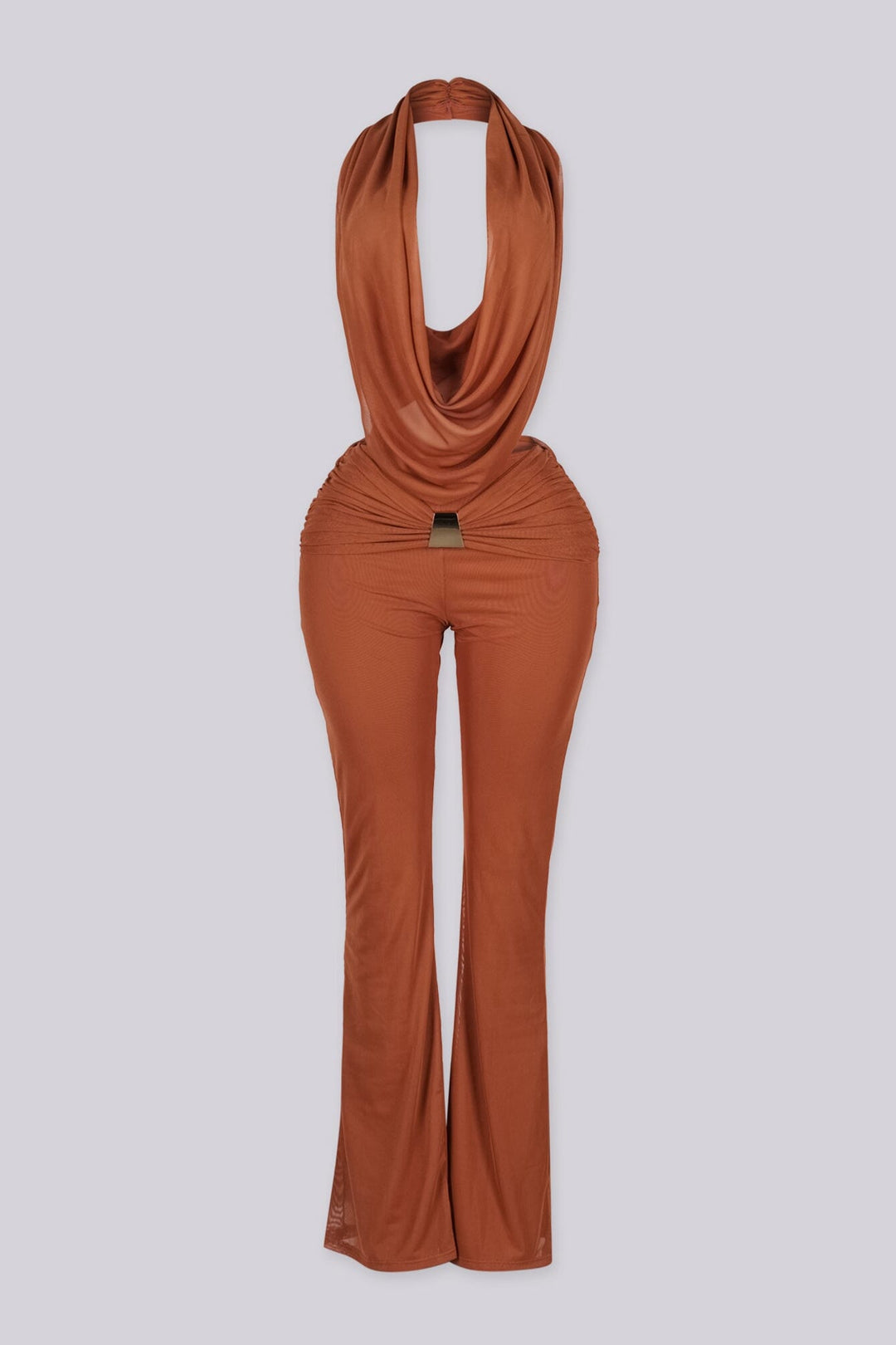 Sleeveless plunging cowl neckline halter top that drapes low with fluid movement