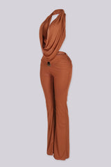 Sleeveless plunging cowl neckline halter top that drapes low with fluid movement