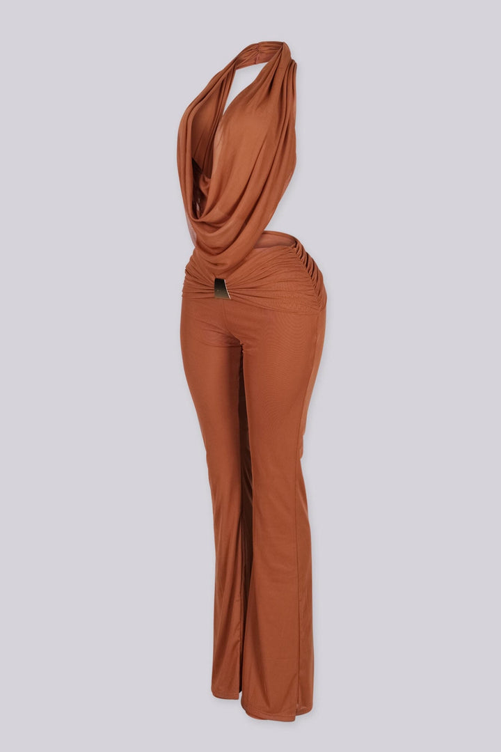 Sleeveless plunging cowl neckline halter top that drapes low with fluid movement