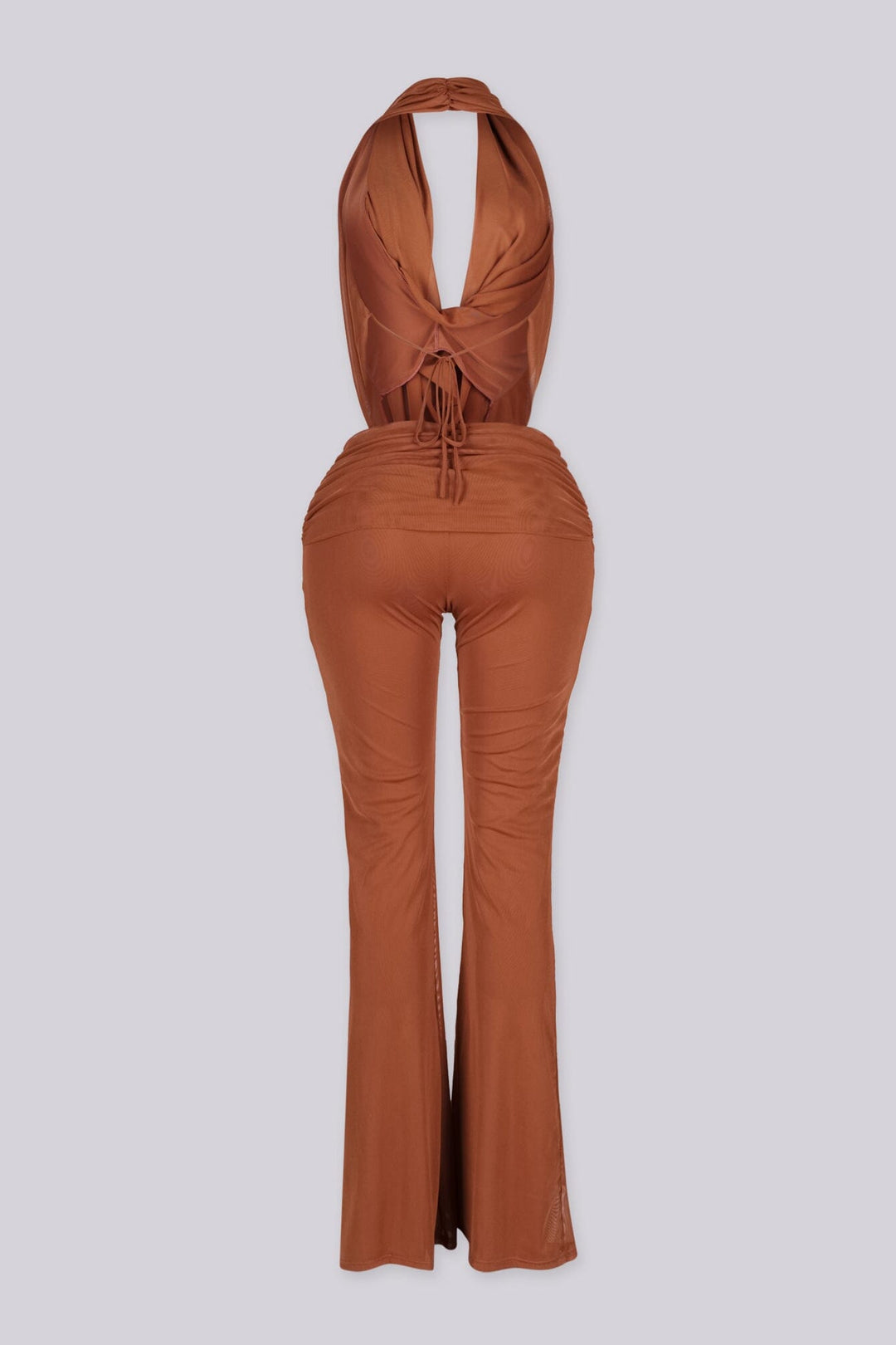 Sleeveless plunging cowl neckline halter top that drapes low with fluid movement