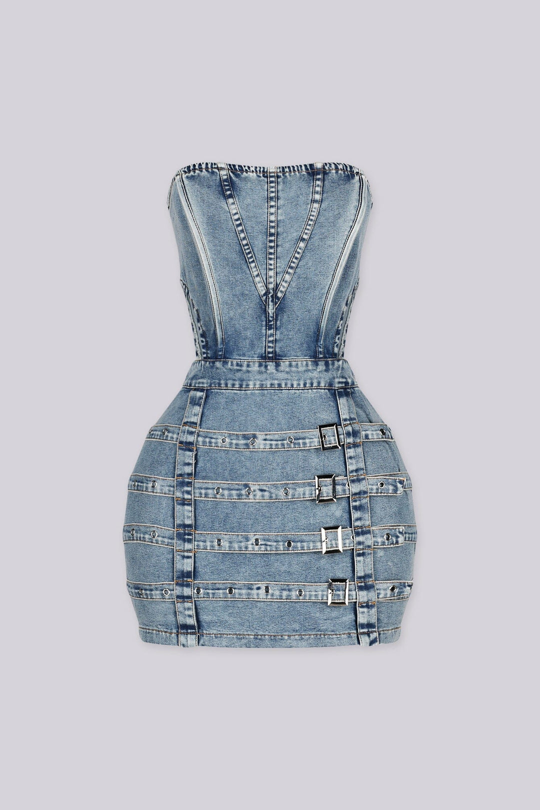 Strapless corset bodice denim mini dress with a lace up back
Open waistline and finished with&amp;chunky hardware buckle straps