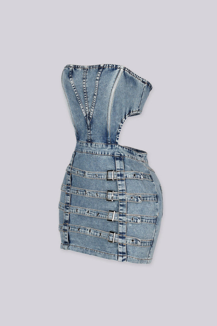 Strapless corset bodice denim mini dress with a lace up back
Open waistline and finished with&amp;chunky hardware buckle straps