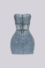 Strapless corset bodice denim mini dress with a lace up back
Open waistline and finished with&amp;chunky hardware buckle straps