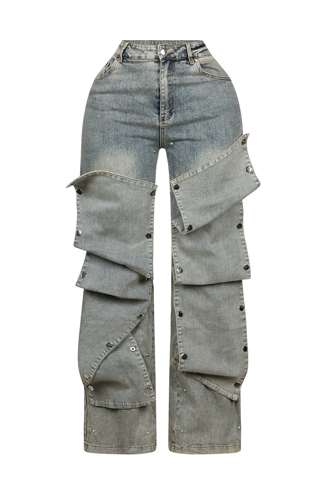 High waist wide leg jeans featuring multiple overlapping fabric flaps with metallic snap buttons