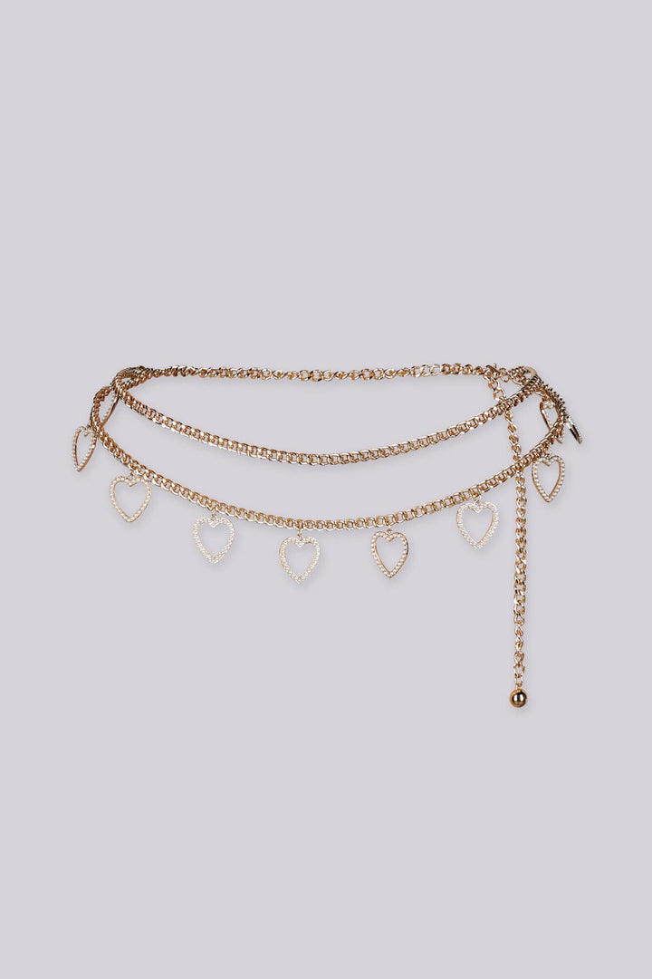 EDGE — gold heart charm layered chain belt, flat lay front view
