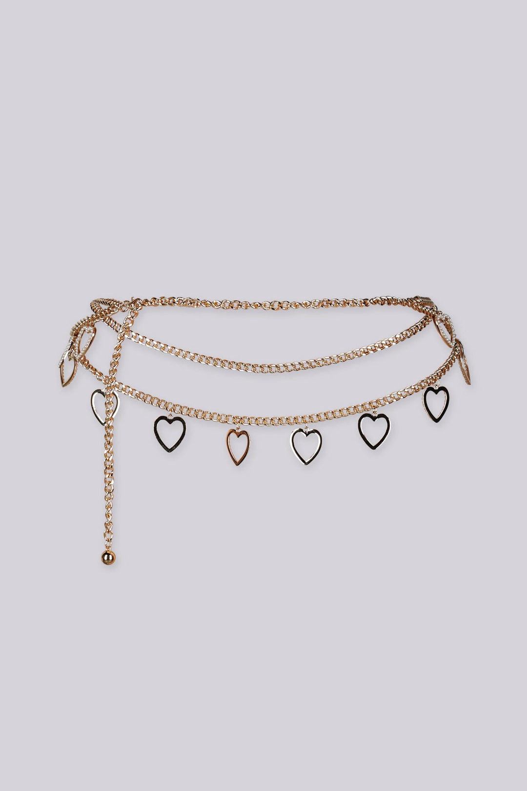 EDGE — gold heart charm layered chain belt, flat lay draped view