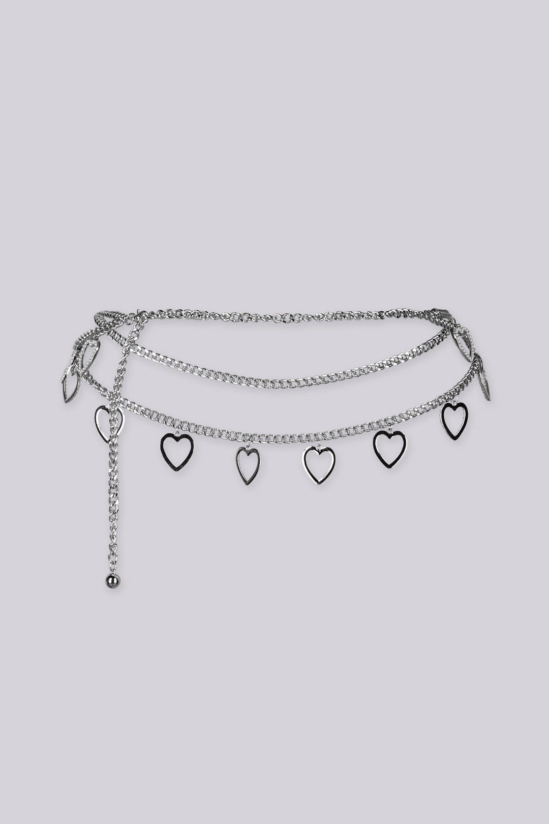 EDGE — silver heart charm layered chain belt, flat lay draped view