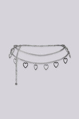 EDGE — silver heart charm layered chain belt, flat lay draped view