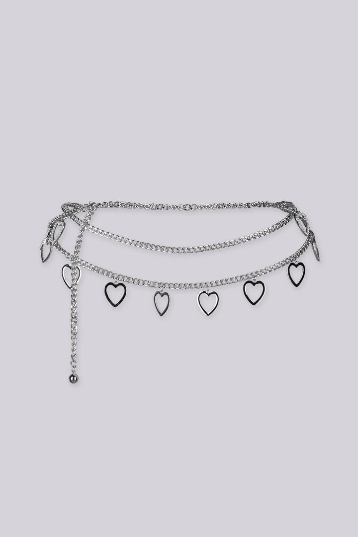 EDGE — silver heart charm layered chain belt, flat lay draped view