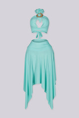 Halter bra top with sculptural metal trim and flowy pixie skirt with an asymmetrical hemline