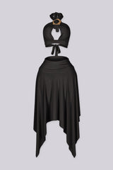 Halter bra top with sculptural metal trim and flowy pixie skirt with an asymmetrical hemline