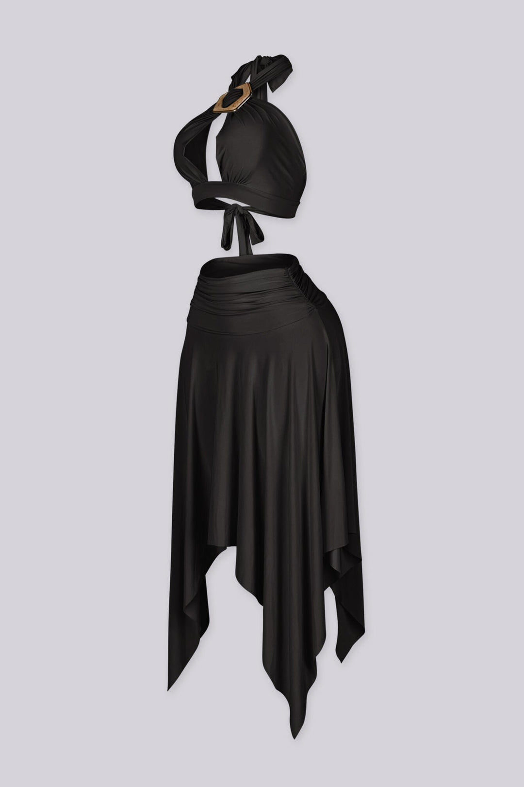 Halter bra top with sculptural metal trim and flowy pixie skirt with an asymmetrical hemline