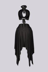 Halter bra top with sculptural metal trim and flowy pixie skirt with an asymmetrical hemline
