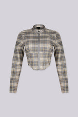 Long sleeve plaid crop jacket with a stand collar
Fitted through the bodice with front princess seaming for shape