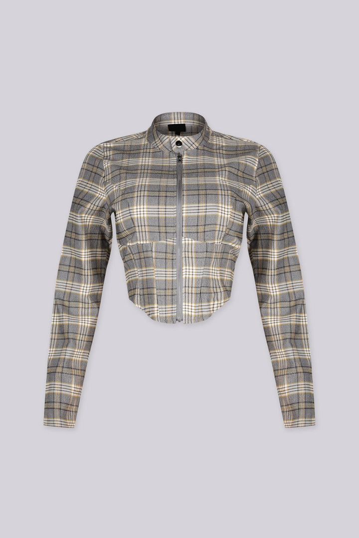 Long sleeve plaid crop jacket with a stand collar
Fitted through the bodice with front princess seaming for shape