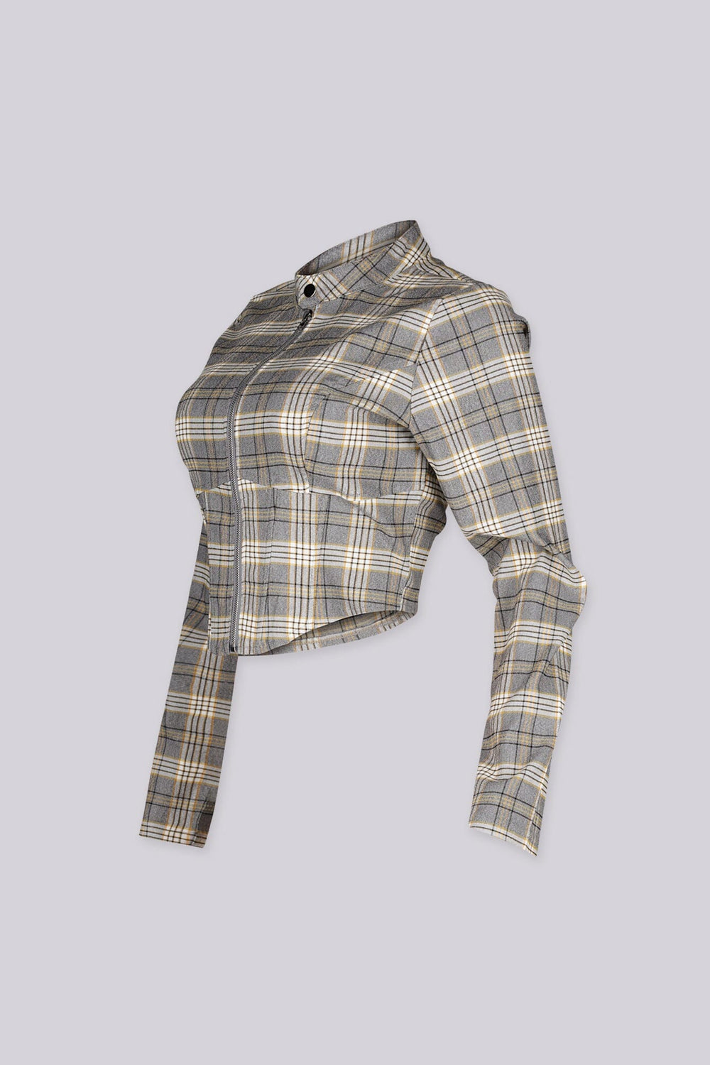 Long sleeve plaid crop jacket with a stand collar
Fitted through the bodice with front princess seaming for shape
