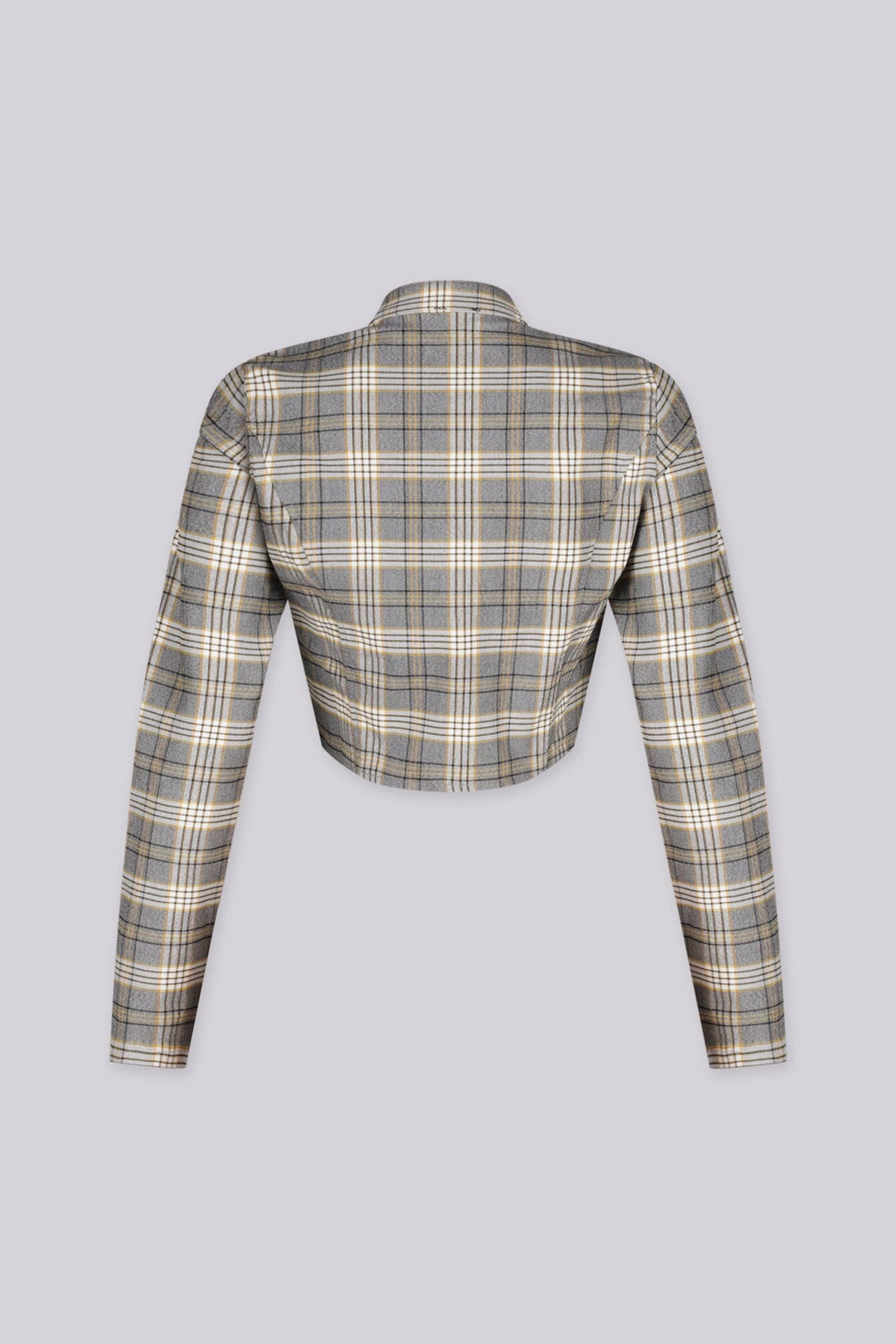 Long sleeve plaid crop jacket with a stand collar
Fitted through the bodice with front princess seaming for shape