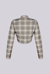 Long sleeve plaid crop jacket with a stand collar
Fitted through the bodice with front princess seaming for shape