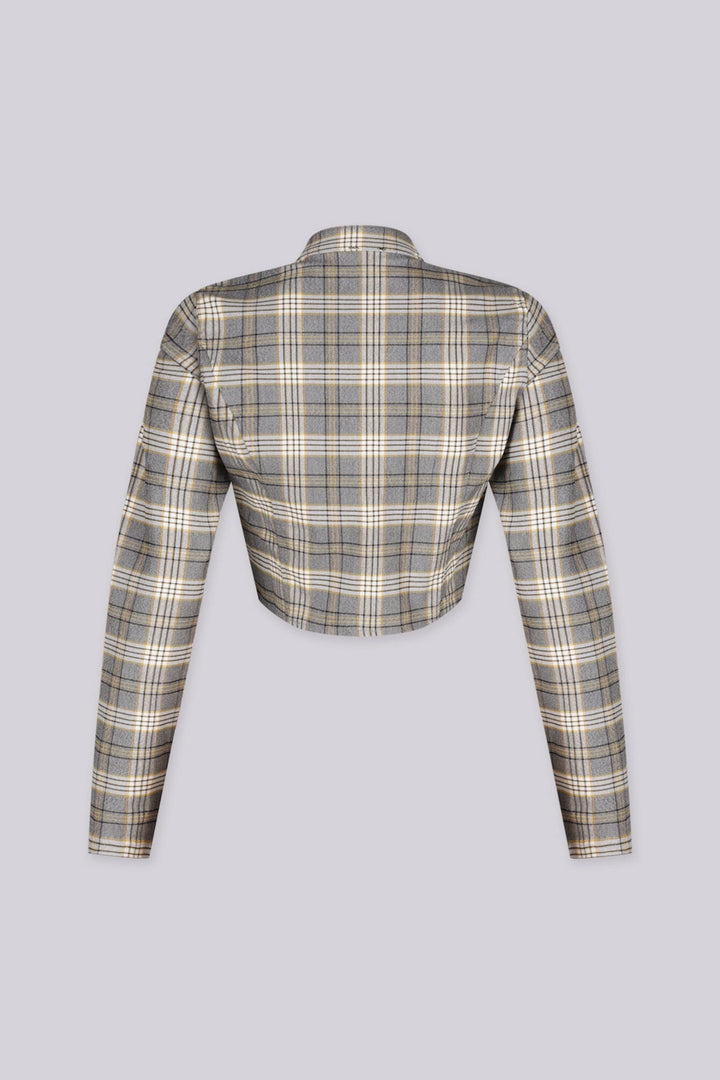 Long sleeve plaid crop jacket with a stand collar
Fitted through the bodice with front princess seaming for shape