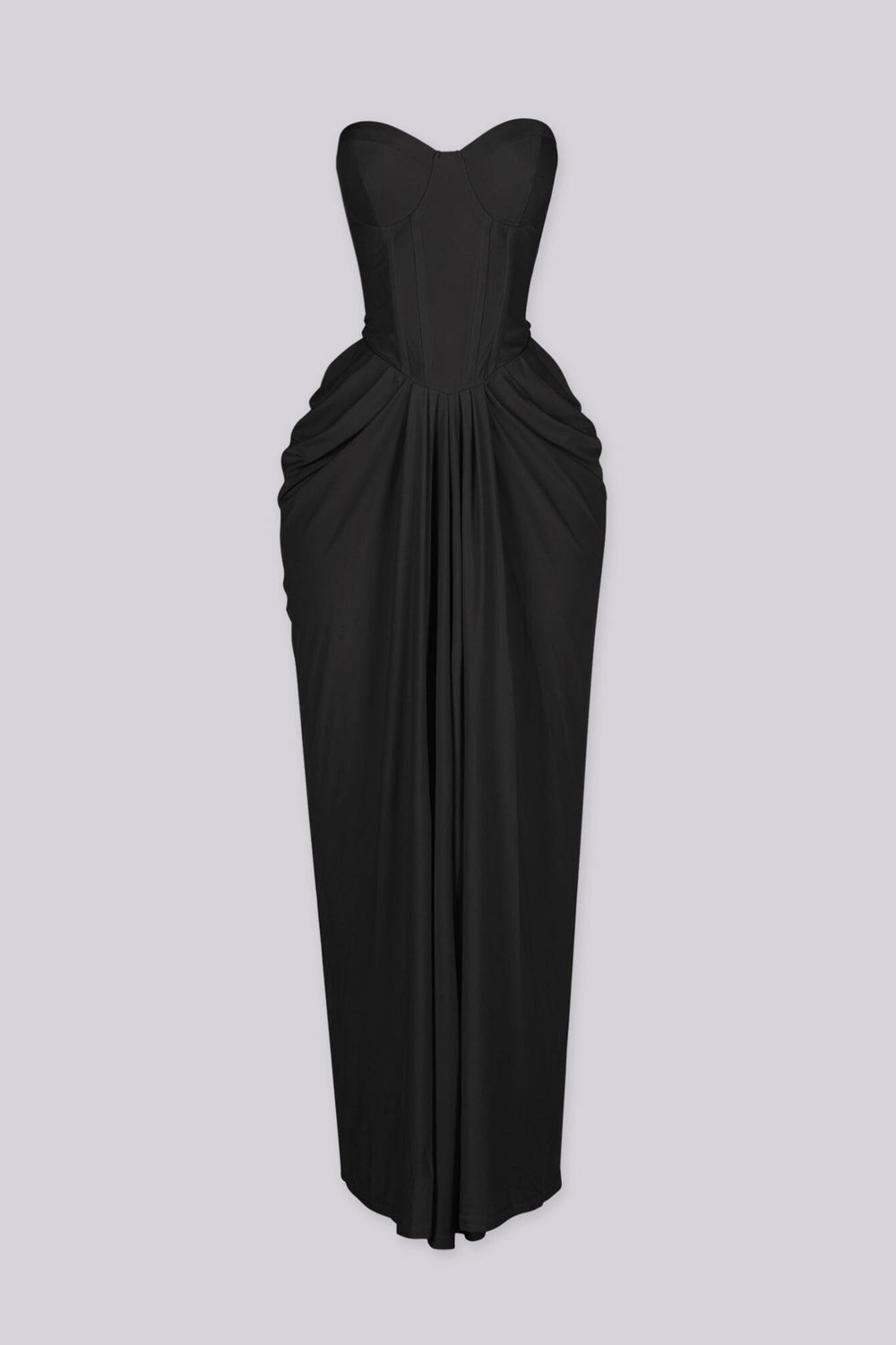 Elegant draped ruching midi dress with structured corset bodice