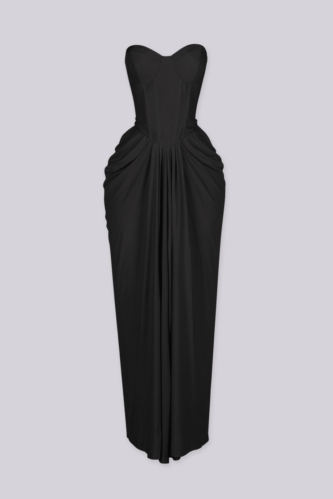 Elegant draped ruching midi dress with structured corset bodice