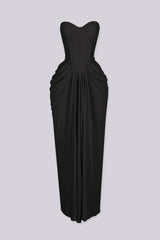 Elegant draped ruching midi dress with structured corset bodice