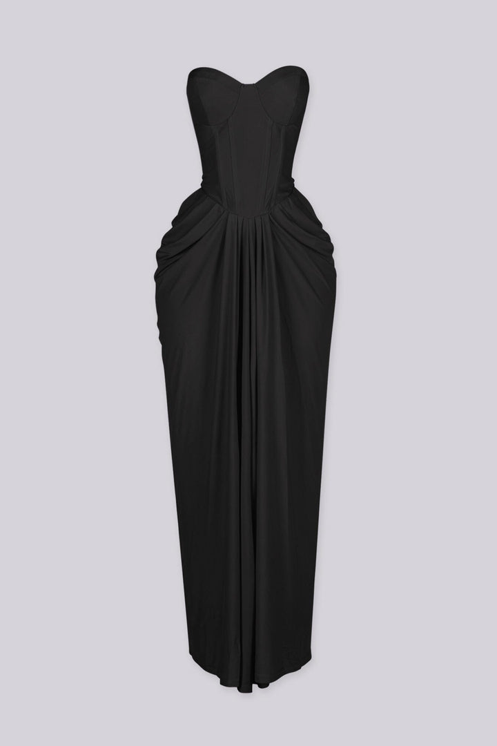 Elegant draped ruching midi dress with structured corset bodice