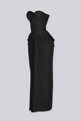 Elegant draped ruching midi dress with structured corset bodice