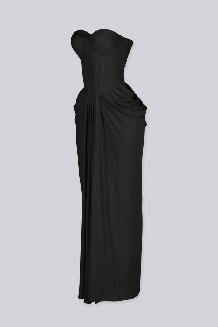 Elegant draped ruching midi dress with structured corset bodice