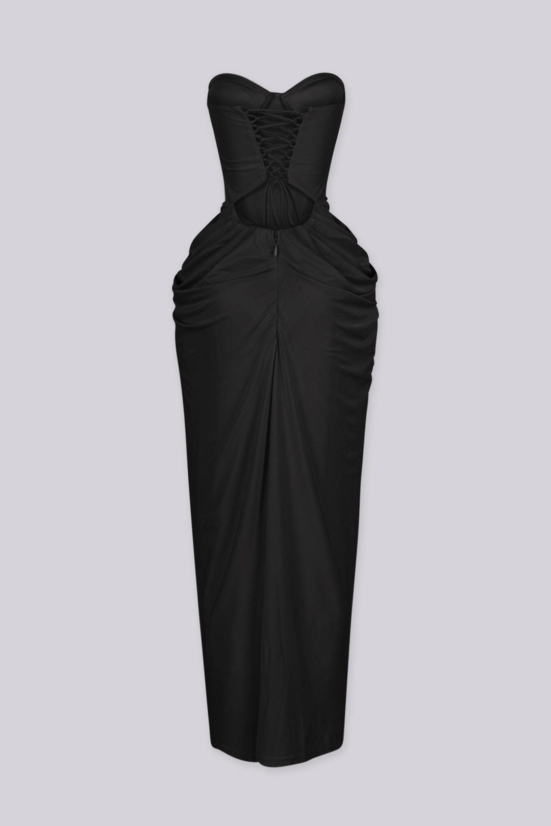 Elegant draped ruching midi dress with structured corset bodice