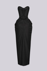 Elegant draped ruching midi dress with structured corset bodice