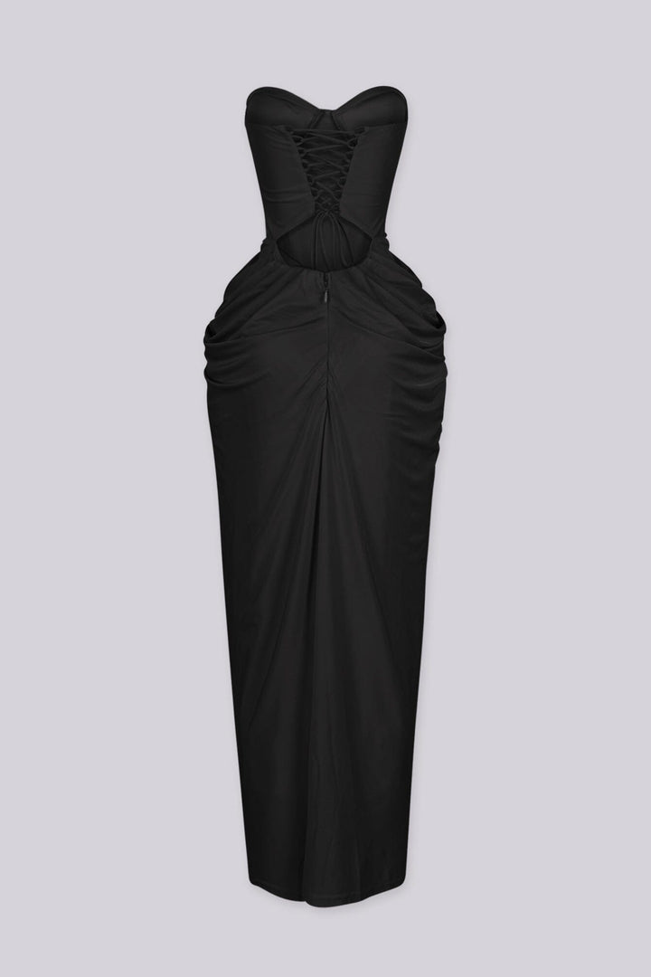 Elegant draped ruching midi dress with structured corset bodice
