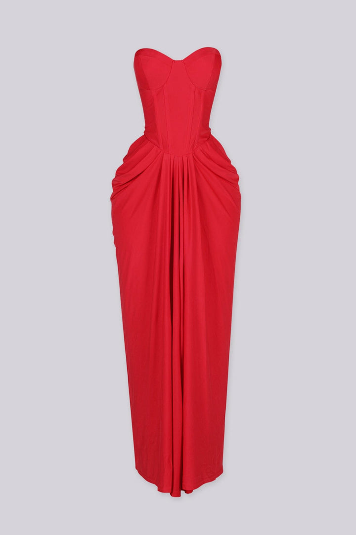 Elegant draped ruching midi dress with structured corset bodice