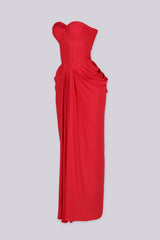 Elegant draped ruching midi dress with structured corset bodice
