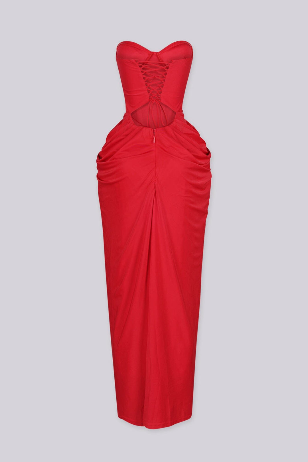 Elegant draped ruching midi dress with structured corset bodice