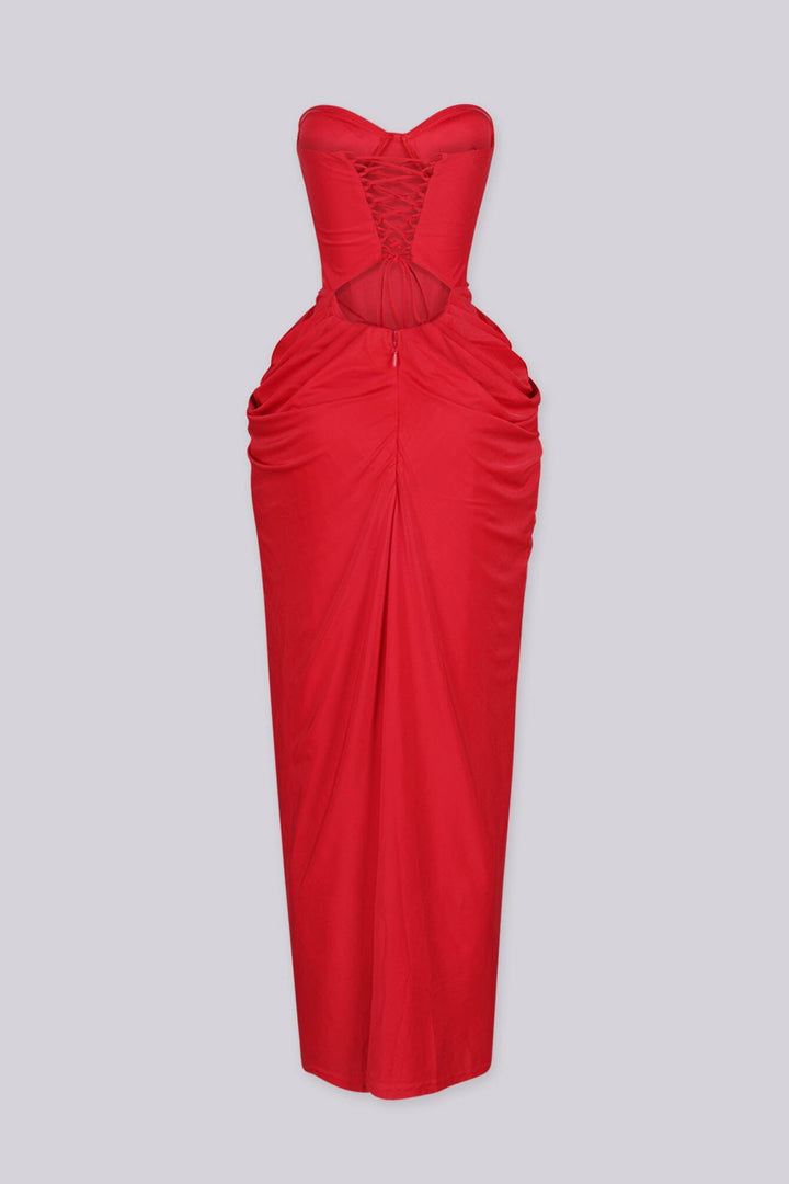 Elegant draped ruching midi dress with structured corset bodice