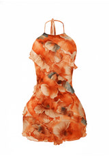 Halter neck mesh mini dress featuring cascading ruffle layers and open back design
Tie back closure