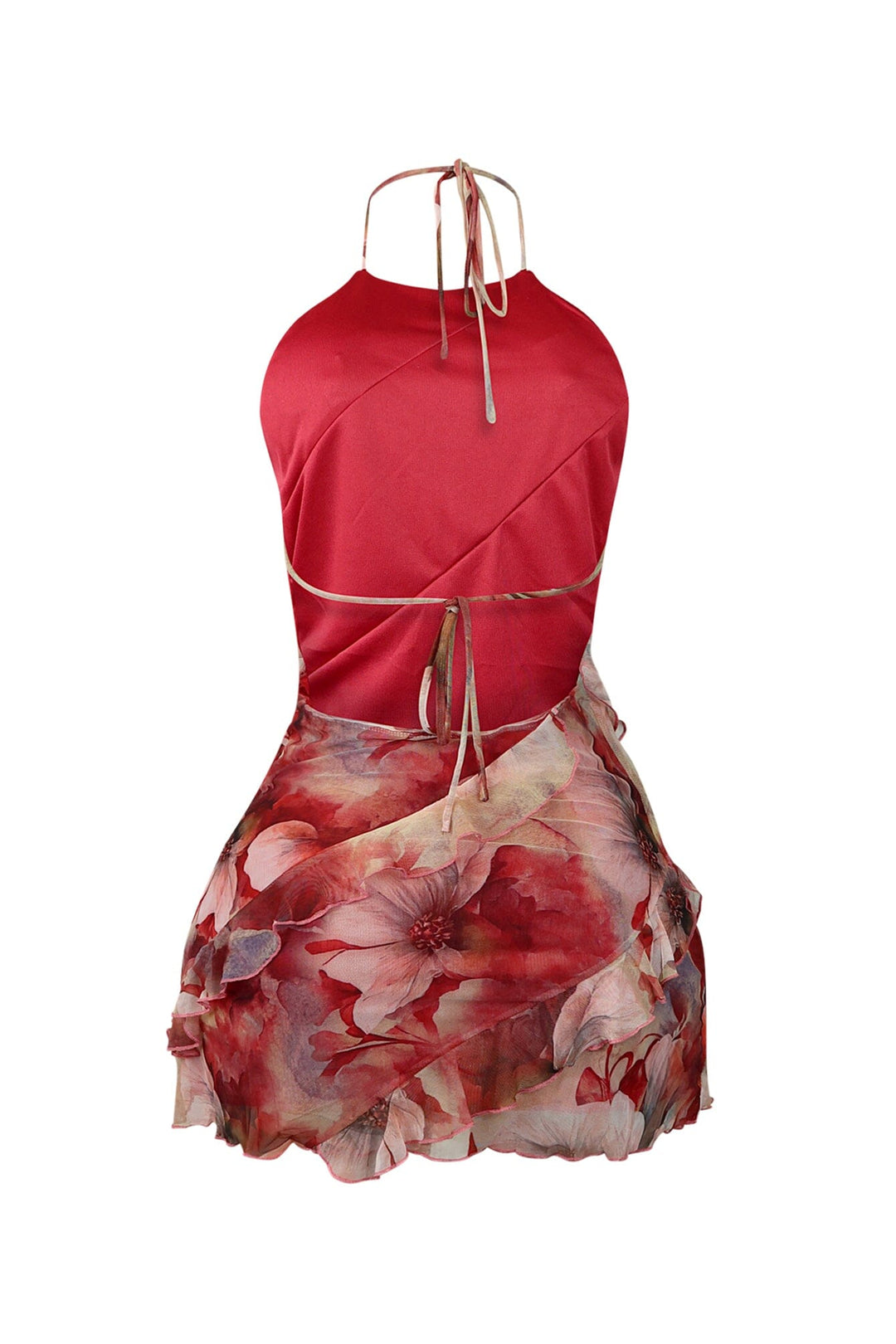 Halter neck mesh mini dress featuring cascading ruffle layers and open back design
Tie back closure