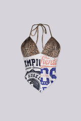 Leopard patterned triangle cups with a bandana color block halter top
Open back design with adjustable tie up straps