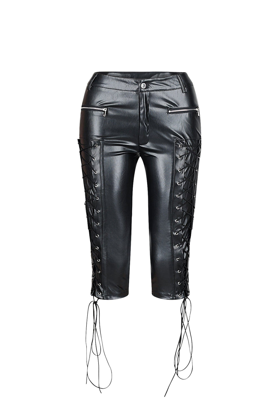 Faux leather capri pants featuring adjustable lace up ties and zipper details at sides