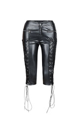 Faux leather capri pants featuring adjustable lace up ties and zipper details at sides