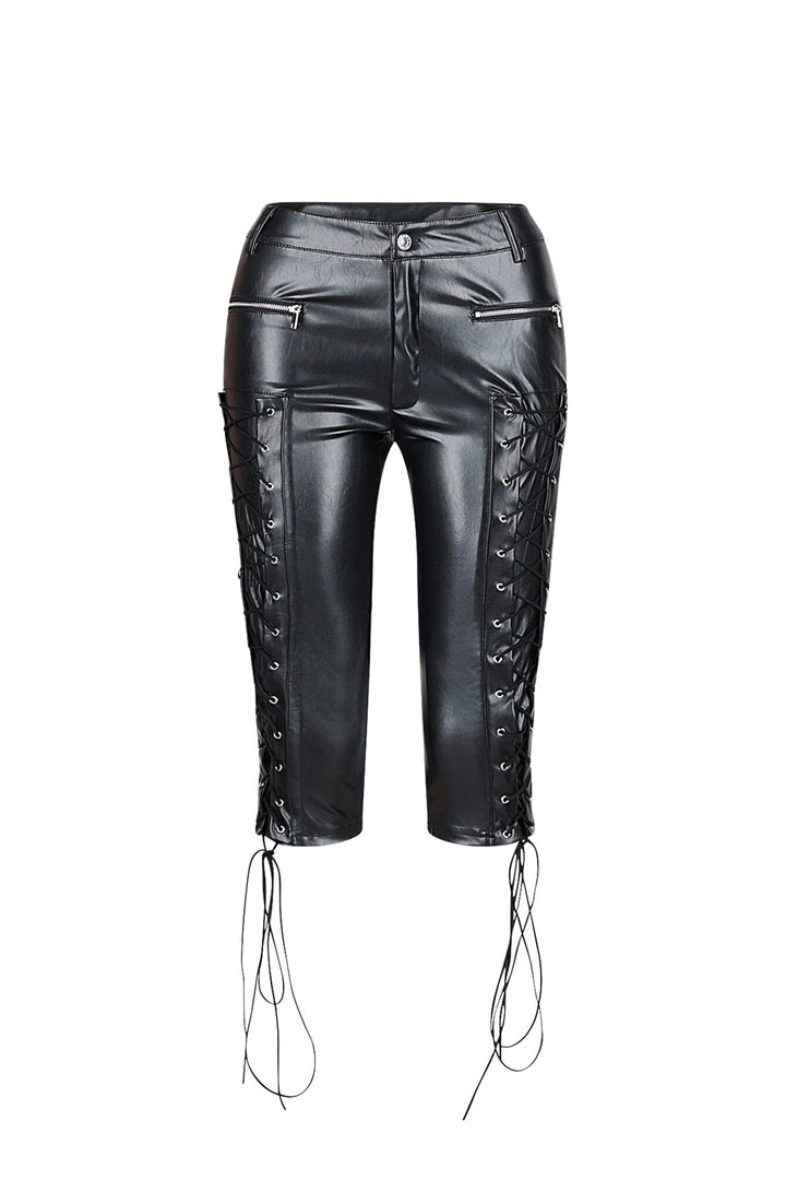 Faux leather capri pants featuring adjustable lace up ties and zipper details at sides