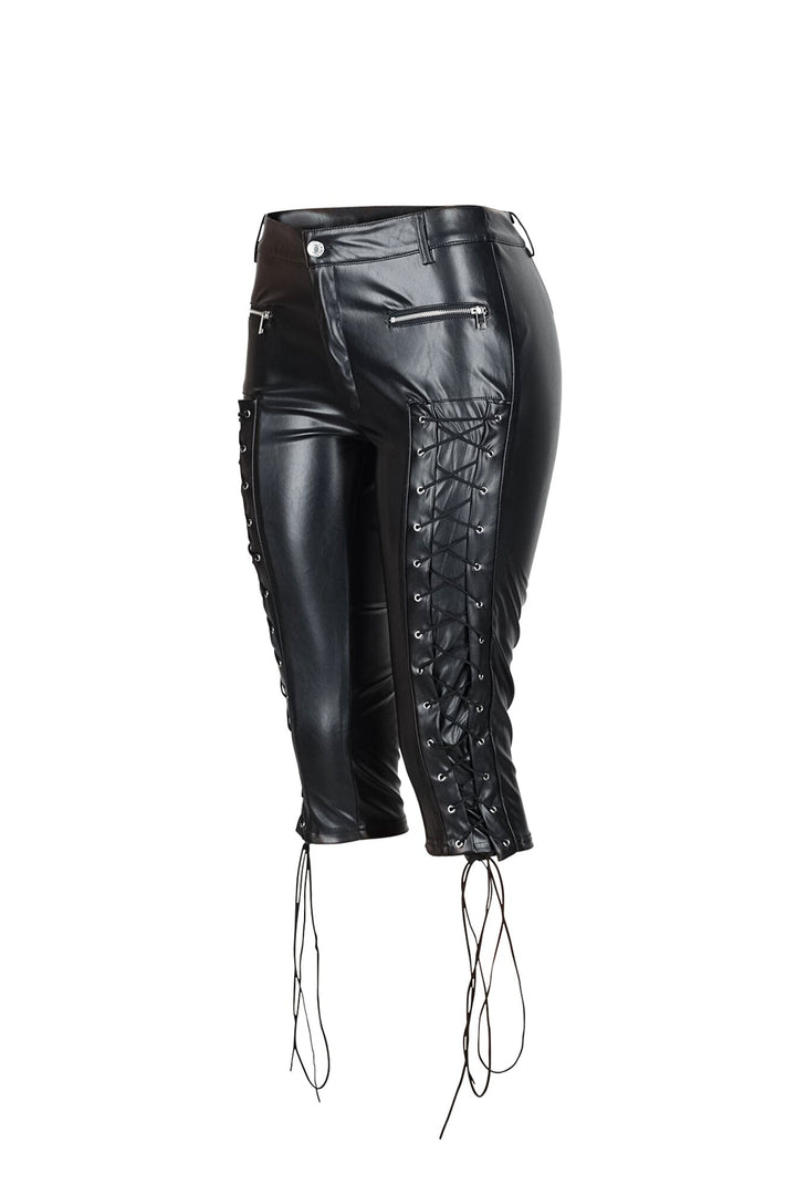 Faux leather capri pants featuring adjustable lace up ties and zipper details at sides