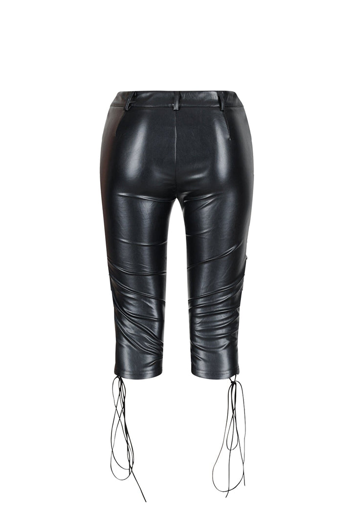Faux leather capri pants featuring adjustable lace up ties and zipper details at sides
