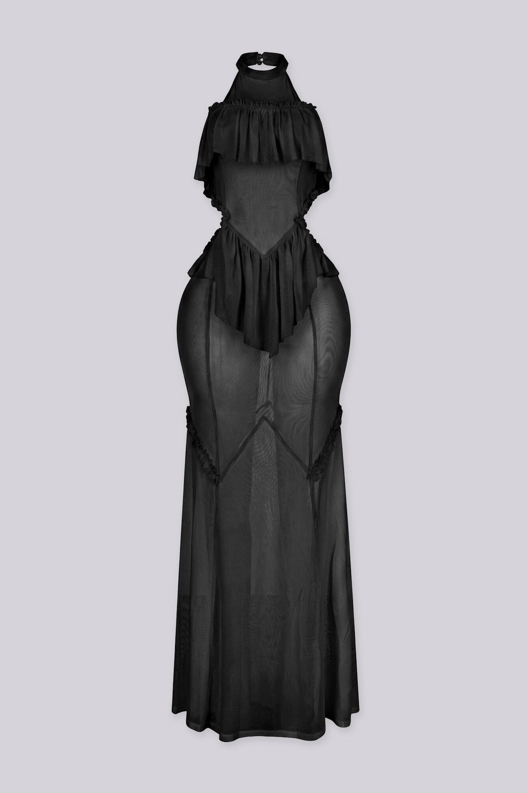 Mesh ruffle maxi dress with halter neckline, Sheer mesh bodice panels featuring cut-out waist detail