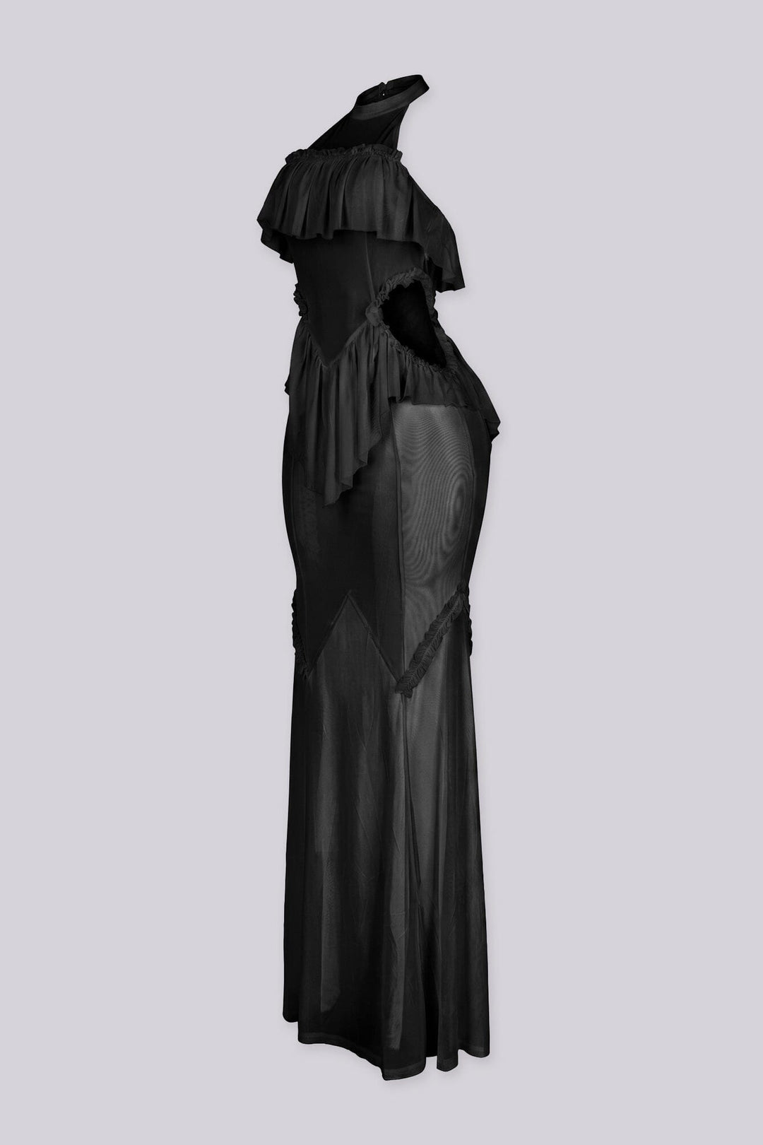 Mesh ruffle maxi dress with halter neckline, Sheer mesh bodice panels featuring cut-out waist detail
